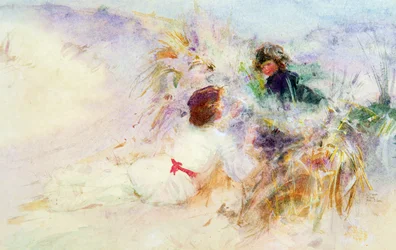 Die Frau und der Sohn des Künstlers auf den Dünen von Etretat, Normandie